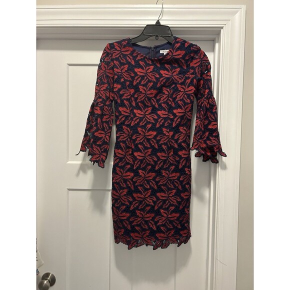 Navy/ Red Lace Overlay Minuet Short Bell Sleeve Dress Size Small Game Day Formal - Picture 2 of 7